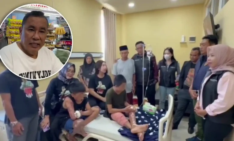 Kolase foto Hotman Paris dan Tim 911 saat mengunjungi korban santri dugaan pembakaran ponpes di RS Bhayangkara Mataram pada Sabtu, 11 Juli 2026.