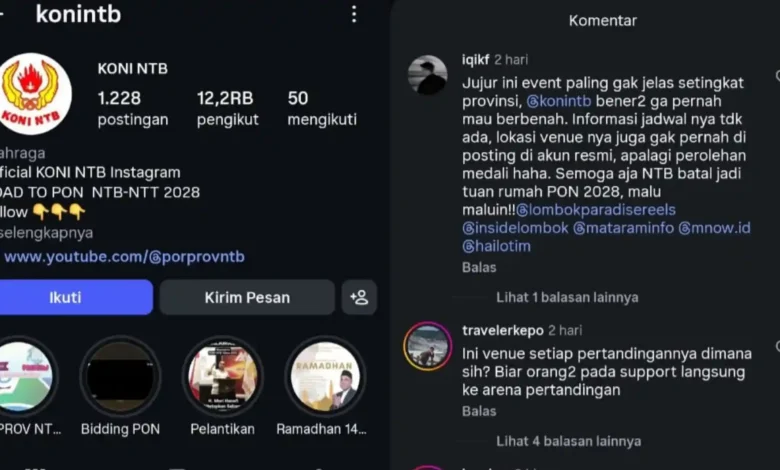 Kolase foto Instagram resmi KONI NTB dan komentar warganet yang mengkritik minimnya informasi tentang Porprov NTB 2026.