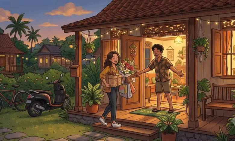 Ilustrasi wanita yang "midang" ke rumah pria dengan membawa banyak buah tangan hingga jadi perhatian Pemdes Bayan.