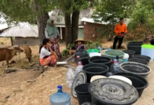 Warga Dusun Gerebekan, Desa Jembatan Kembar, Kecamatan Lembar, Lombok Barat, mengantre bantuan air bersih dari Pemerintah Kabupaten Lombok Barat.