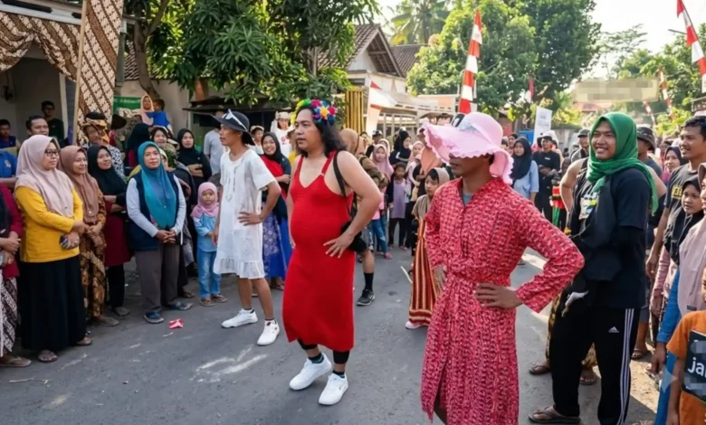 Ilustrasi kelompok pria menggunakan pakaian wanita saat gerak jalan di perayaan HUT RI. Kini mendapat sorotan tajam dari MUI NTB.