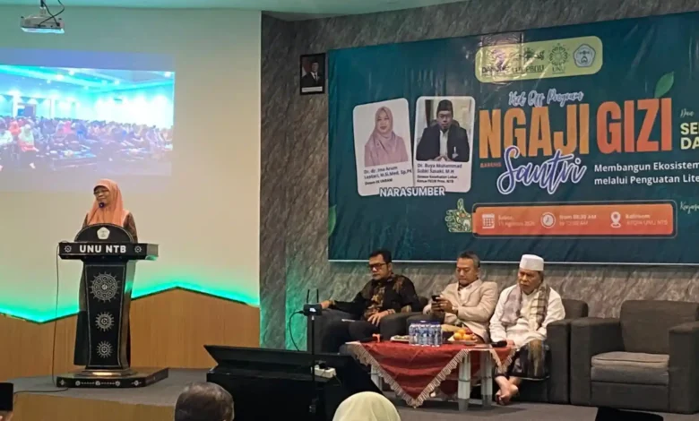 Rektor UNU NTB, Dr. H. Baiq Mulianah, M.Pd., membuka langsung program Ngaji Gizi Bareng Santri, Sabtu, 15 Agustus 2026 di Aula ATQIA UNU NTB.