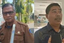 Penjabat Sekda Lobar, Saeful Ahkam (kiri) dan Ketua Komisi III DPRD Lobar, Fauzi saat diwawancarai usai rapat tertutup Banggar dan TAPD, Senin 28 September 2026.
