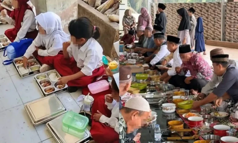 Ilustrasi kolasi foto anak-anak sedang santap MBG dan warga sedang melangsungkan perayaan acara keagamaan lokal (maulid Nabi).