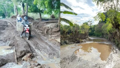 Kolase foto pengendara susah payah melewati jalan rusak di Desa Sampungu, Kecamatan Soromandi Kabupaten Bima. Kondisi jalan ini disorot DPRD NTB Dapil VI. Selain faktor kecelakaan, juga terganggunya akses ekonomi.