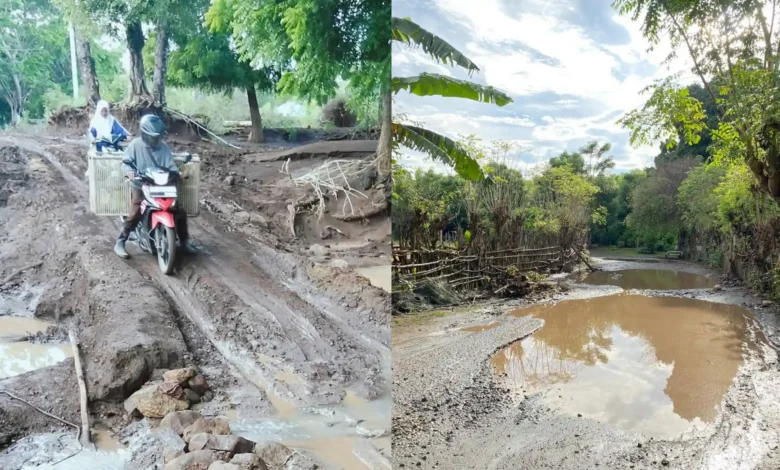 Kolase foto pengendara susah payah melewati jalan rusak di Desa Sampungu, Kecamatan Soromandi Kabupaten Bima. Kondisi jalan ini disorot DPRD NTB Dapil VI. Selain faktor kecelakaan, juga terganggunya akses ekonomi.