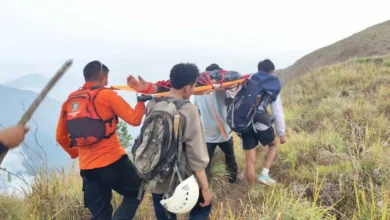 Tim SAR menandu korban yang terpeleset turun dari Bukit Pergasingan, Minggu, 25 Oktober 2026, sore.
