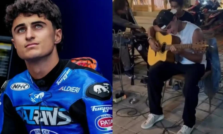 Pembalap Moto2, Dani Munoz Fernandez, saat mencoba main gitar sambil mengamen di kawasan Kuta Mandalika pada Selasa malam, 6 Oktober 2026.